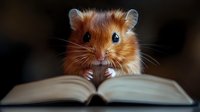 Curious golden hamster reading open book against dark background, close up portrait of small fluffy pet with tiny paws on pages, educational concept.