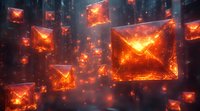 Glowing fiery envelopes floating in dark space with sparks and embers, symbolizing urgent messages and digital communication in dramatic orange and red tones.