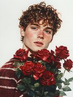 Young person with freckles and curly brown hair holding vibrant red roses against white background, wearing striped burgundy sweater. Romantic fashion portrait.