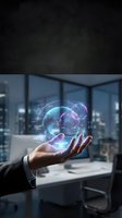 Businessman holding glowing digital globe with network connections in modern office with city skyline view, representing global business, technology innovation, and international commerce.