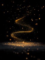 Magical spiral trail of golden glitter particles swirling upward against dark background, creating ethereal light effect with floating bokeh sparkles.