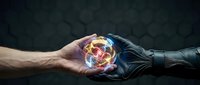 Close-up of two hands exchanging a glowing orb with colorful energy inside, symbolizing power transfer, collaboration, and innovation for business concepts.