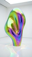 Iridescent holographic sculpture with rainbow reflections in modern white gallery space for contemporary art and design projects.