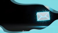Glowing email envelope icon with sparkling light effects on dark background with turquoise blue waves for digital communication and marketing concepts.