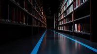Dark library aisle with glowing blue LED floor lighting between towering bookshelves filled with books, creating dramatic perspective and modern ambiance.