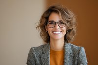 Young professional woman with curly blonde hair wearing glasses, orange sweater and checkered blazer smiling warmly against neutral background. Genuine expression.