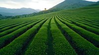 Rows of green tea plantations stretching across rolling hills at sunset, creating geometric patterns in agricultural landscape with mountain backdrop.
