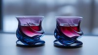 Two elegant twisted glass cups filled with red wine or tea on modern surface with soft natural lighting creating sophisticated dining atmosphere.