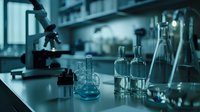 Laboratory glassware and microscope on dark table in research facility with blue liquid in flask, scientific equipment for chemical analysis and testing.
