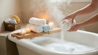 Relaxing spa bath preparation with steaming hot water, rolled towels, and natural bath salts being poured into white bathtub for wellness and self-care routine.