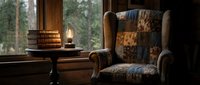 Cozy reading nook with wingback armchair, patchwork throw blanket, wooden side table with stacked books and lamp near large window overlooking forest.