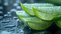 Fresh aloe vera plant leaves with water drops on dark background, natural organic skincare ingredient for cosmetics and wellness products.