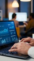 Close-up of male hand typing on laptop displaying financial analytics dashboard with charts and graphs. Blurred colleagues working in modern office with pendant lighting in background.