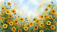 Watercolor wildflower meadow with yellow daisies and cosmos blooms against soft sky background. Natural botanical garden scene for spring decor and floral designs.