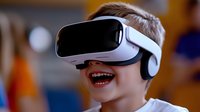 Young boy wearing virtual reality headset smiling with excitement during immersive gaming experience against blurred background with warm lighting.