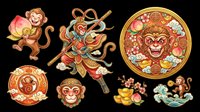 Colorful Chinese zodiac monkey set isolated on transparent background, featuring warrior, medallion, and festive elements for clipart, stickers, and print on demand.