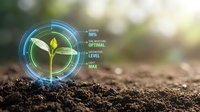 Young green plant seedling emerging from soil with futuristic digital interface displaying growth optimization data and performance metrics.