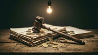 Wooden gavel and legal documents on desk under warm light bulb creating dramatic courtroom atmosphere for justice and law concept.