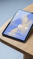 Modern tablet displaying wellness meditation app interface with lotus icon and sound waves on wooden desk for mindfulness and relaxation technology.