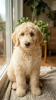 Adorable cream goldendoodle puppy sitting on woven rug near window with houseplants in bright modern home interior for pet care and family lifestyle content.