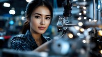 Young Asian woman engineer operating precision machinery in modern manufacturing facility with bokeh lights background.