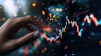 Hand touching glowing stock market chart with candlestick pattern against dark background with bokeh lights and sparkle effects. Financial trading concept.