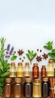 Natural essential oil bottles with fresh herbs and spices on white background. Aromatherapy, spa wellness, organic skincare and natural medicine concept.