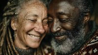 Joyful elderly interracial couple with dreadlocks and gray beard sharing intimate moment, laughing together in warm embrace showing love and happiness in later life.