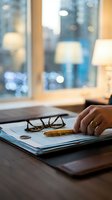 Professional workspace with hand writing in notebook, eyeglasses and pen on wooden desk near window with warm bokeh lighting for business planning.
