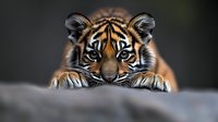 Young tiger cub with striking blue eyes resting paws on wooden surface against dark background for wildlife photography and nature designs.