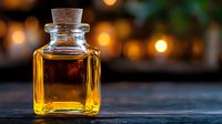 Small glass bottle with cork containing golden liquid on dark wooden surface against blurred warm bokeh lights background for spa and aromatherapy design.