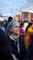 Mature Caucasian woman with gray hair enjoying evening outdoor market festival with colorful lights and crowd atmosphere for lifestyle content.