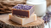 Handmade soap bars decorated with dried lavender on rustic wooden slice, natural skincare products with glass of milk, spa wellness composition.