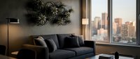 Dark gray sofa with pillows in modern apartment with city skyline view, floor lamp, hanging plants, and floor-to-ceiling windows for interior design and home decor projects.