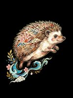 Watercolor hedgehog with floral and wave ornaments, isolated on transparent background. Great for t-shirt design, stickers, print on demand, and sublimation crafts.