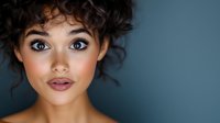 Young mixed race woman with curly dark hair and natural makeup against blue background, looking directly at camera with confident expression.