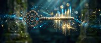 Golden ornate key with digital data streams and glowing particles representing business success, financial growth, and technological innovation solutions.