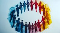 Colorful watercolor silhouettes of people holding hands in circle formation, symbolizing unity, diversity, community and togetherness against light background.