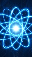 Glowing blue atomic structure with bright nucleus and orbital paths on dark digital circuit board background for science and technology concepts.