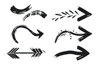 Black grunge arrows and direction pointers painted with rough brush strokes on white isolated background, ready for graphic design projects and creative layouts.