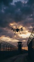 Surveillance drone flying over high security prison facility with barbed wire fencing and guard tower during dramatic sunset sky for monitoring operations.