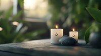 Serene spa composition with lit aromatic candles and volcanic stone on dark surface against blurred green foliage background, creating peaceful ambiance.