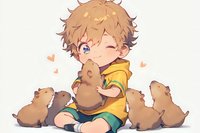 Young boy in yellow hoodie surrounded by brown hamsters showing playful affection with floating heart symbols on light background, anime style illustration.