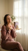 Young woman practicing gratitude meditation with hands on heart in cozy home interior. Mindfulness and self-care wellness lifestyle concept.