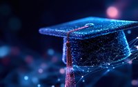 Digital graduation cap with glowing network connections and particles on dark blue background represents online education and e-learning technology.