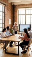 Diverse business team in modern loft office with exposed brick walls reviewing financial data on computer monitor during collaborative meeting presentation session.