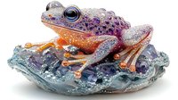 Colorful fantasy frog with purple and orange gradient skin sitting on crystal rocks covered in water drops, detailed macro nature art for decorative design.