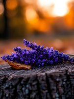 Fresh purple lavender flowers lying on rustic wooden surface against warm sunset bokeh background, creating romantic natural aromatherapy composition.