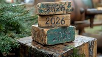 Stacked wooden blocks displaying years 2024, 2025, 2026 on rustic wood surface with evergreen branches for New Year planning and goal setting concepts.