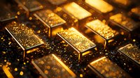 Shiny gold bars arranged in rows with sparkling golden particles floating around creating luxurious atmosphere. Wealth and investment concept background.